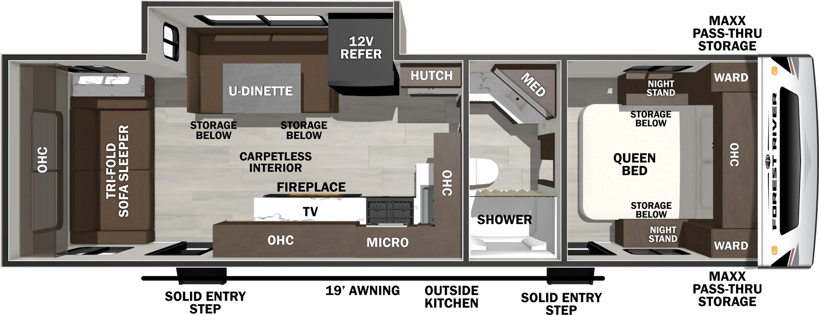 The Wildcat Travel Trailers 261RLX floorplan has two entries and one slide out. Exterior features include: fiberglass exterior, 19' awning and outside kitchen. Interiors features include: u-dinette, front bedroom and pass through bathroom.